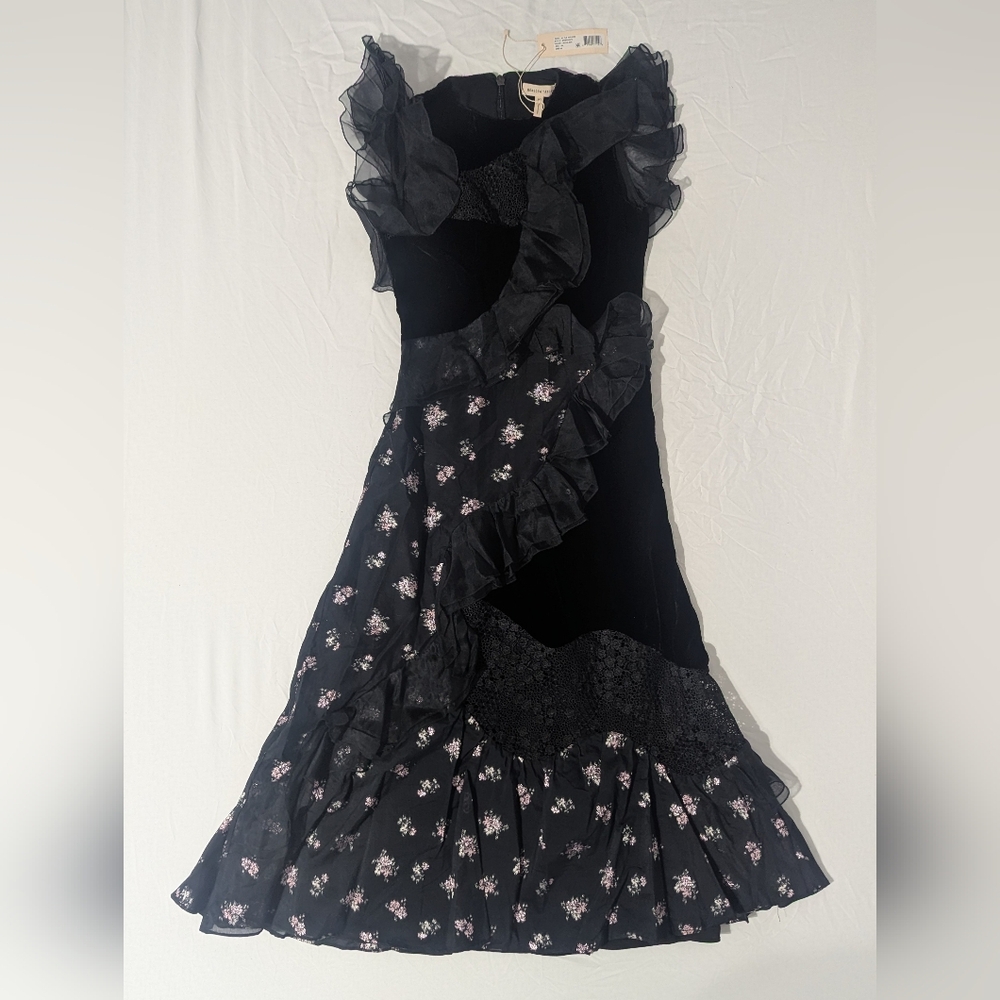 Rebecca Taylor Black Velvet Dress with Floral Accents